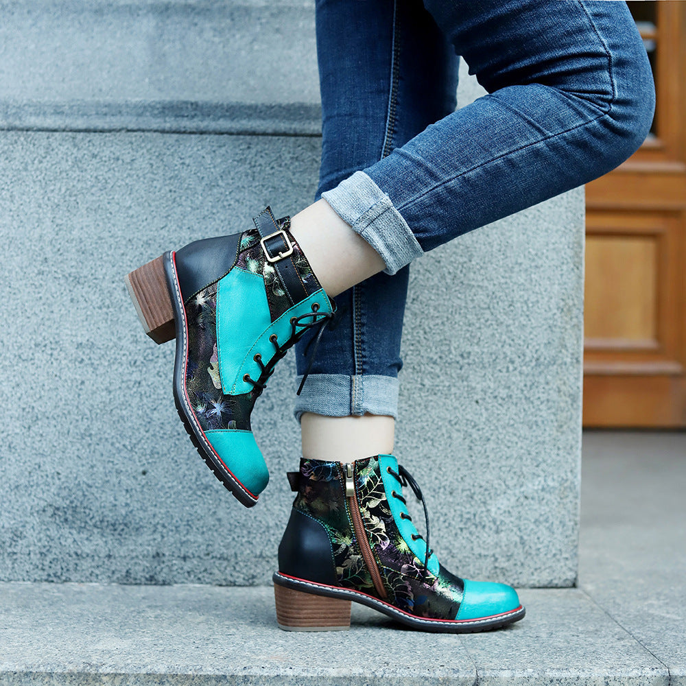 Patchwork thick heel chunky booties winter short boots with buckle for women
