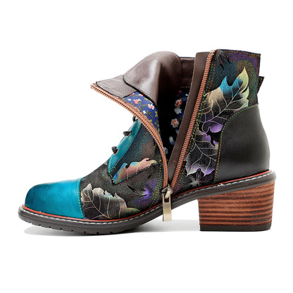 Patchwork thick heel chunky booties winter short boots with buckle for women
