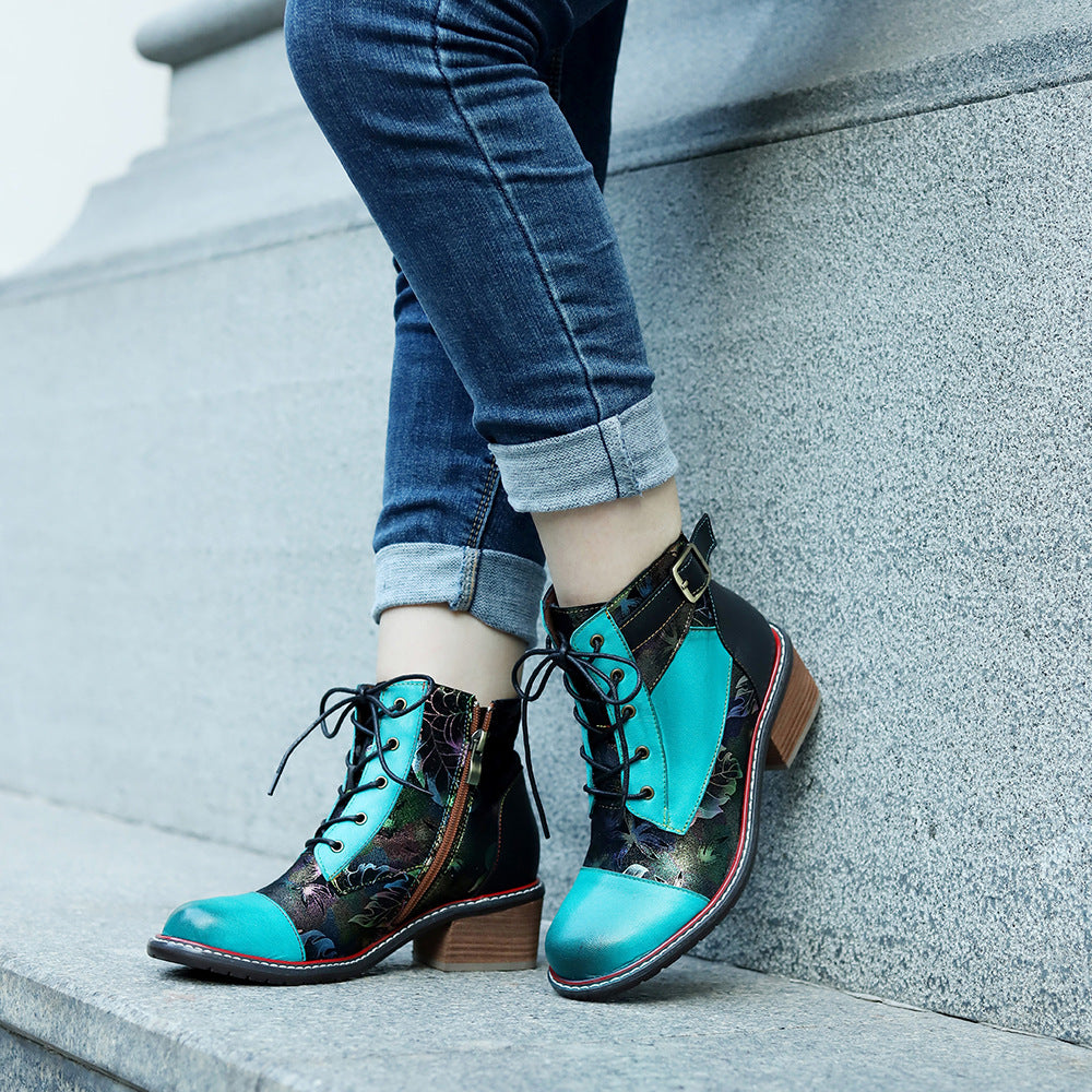Patchwork thick heel chunky booties winter short boots with buckle for women