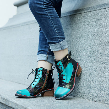 Patchwork thick heel chunky booties winter short boots with buckle for women
