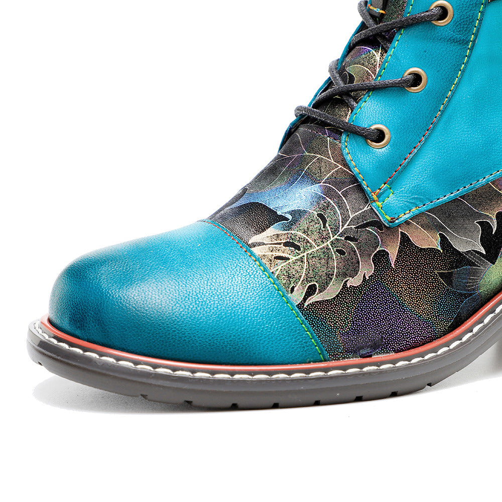 Patchwork thick heel chunky booties winter short boots with buckle for women