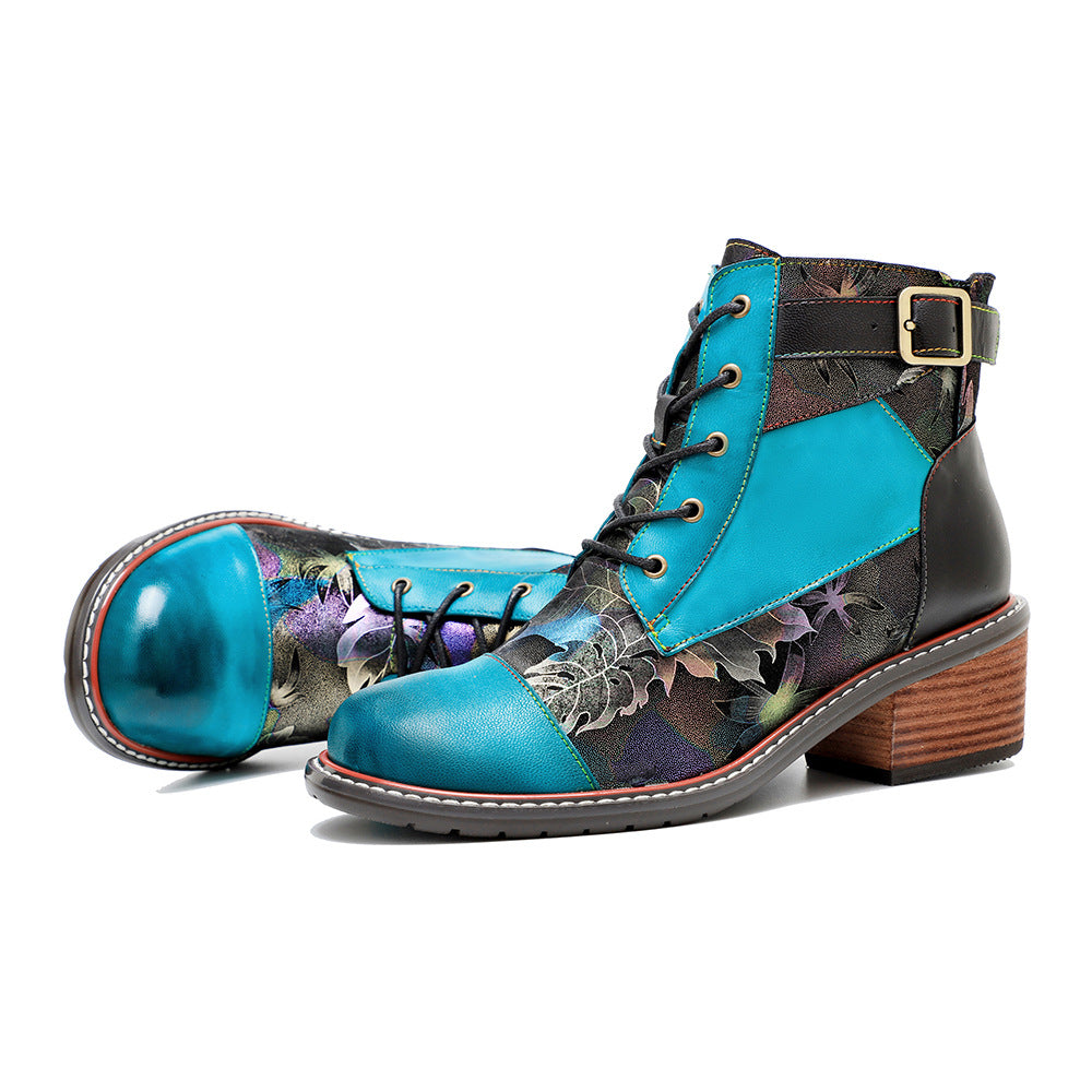 Patchwork thick heel chunky booties winter short boots with buckle for women