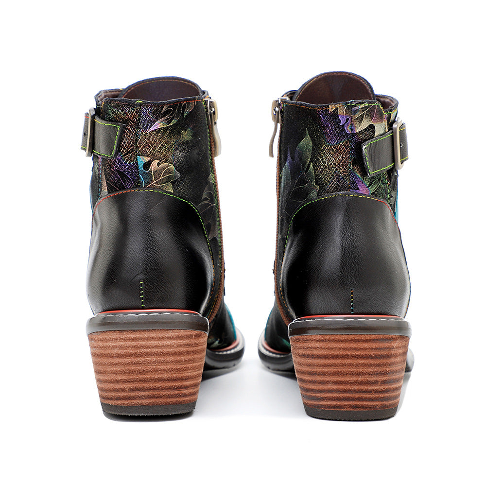 Patchwork thick heel chunky booties winter short boots with buckle for women