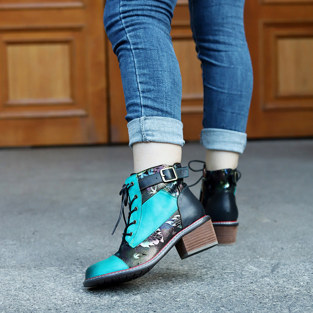 Patchwork thick heel chunky booties winter short boots with buckle for women