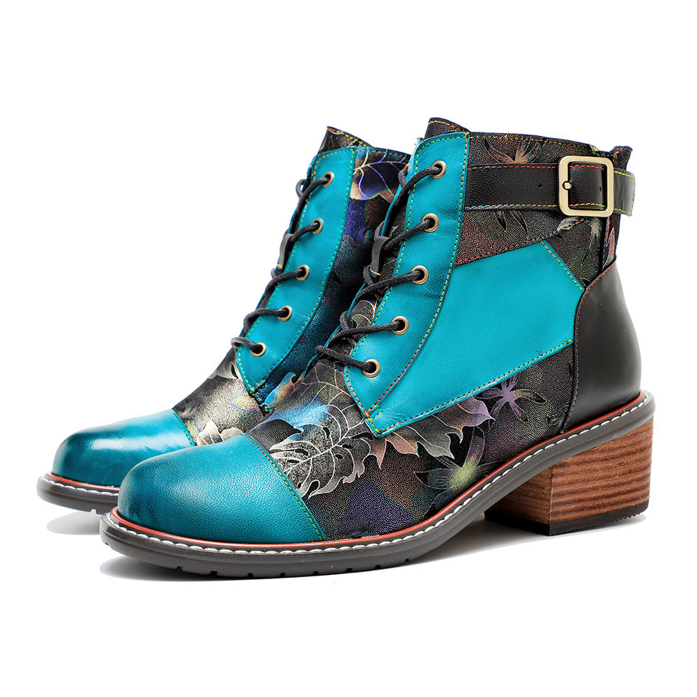 Patchwork thick heel chunky booties winter short boots with buckle for women