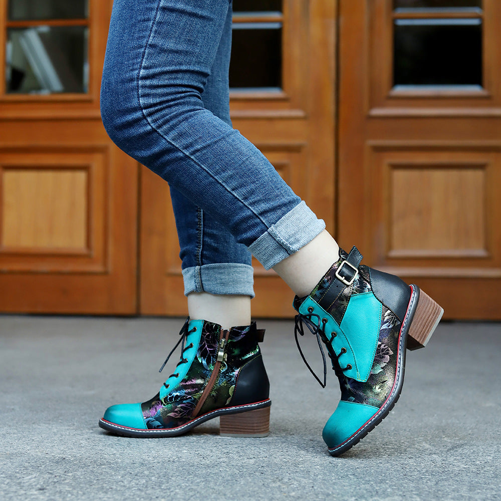 Patchwork thick heel chunky booties winter short boots with buckle for women