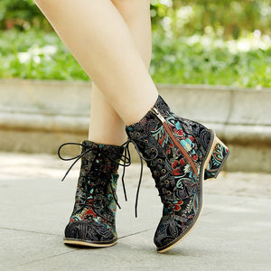 Women's floral ankle boho boots with acquard pattern and block heel