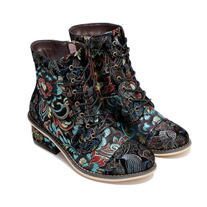 Women's floral ankle boho boots with acquard pattern and block heel