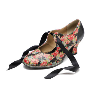 Floral pink high heels pumps & jane shoes with hand-painted pattern