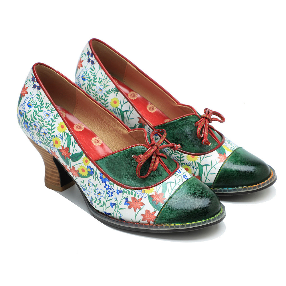 Leather high heels with lace up design & vintage patchwork pumps shoes