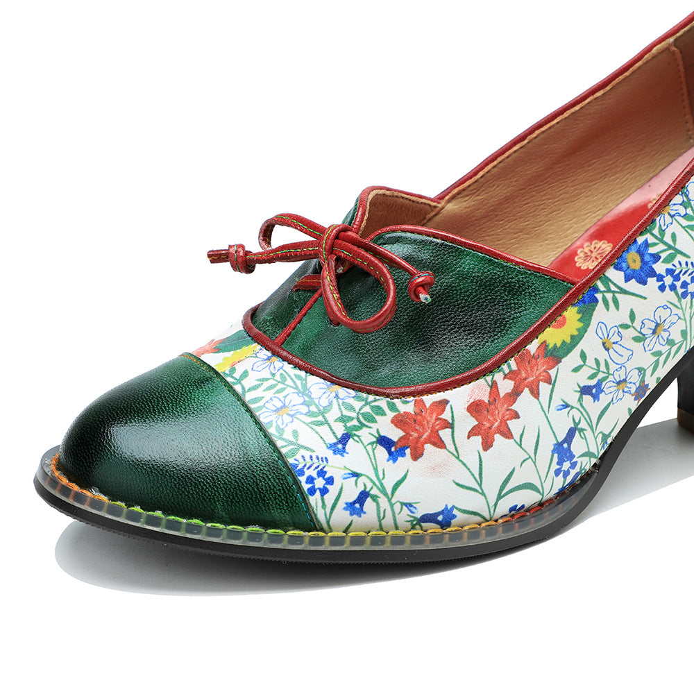 Leather high heels with lace up design & vintage patchwork pumps shoes