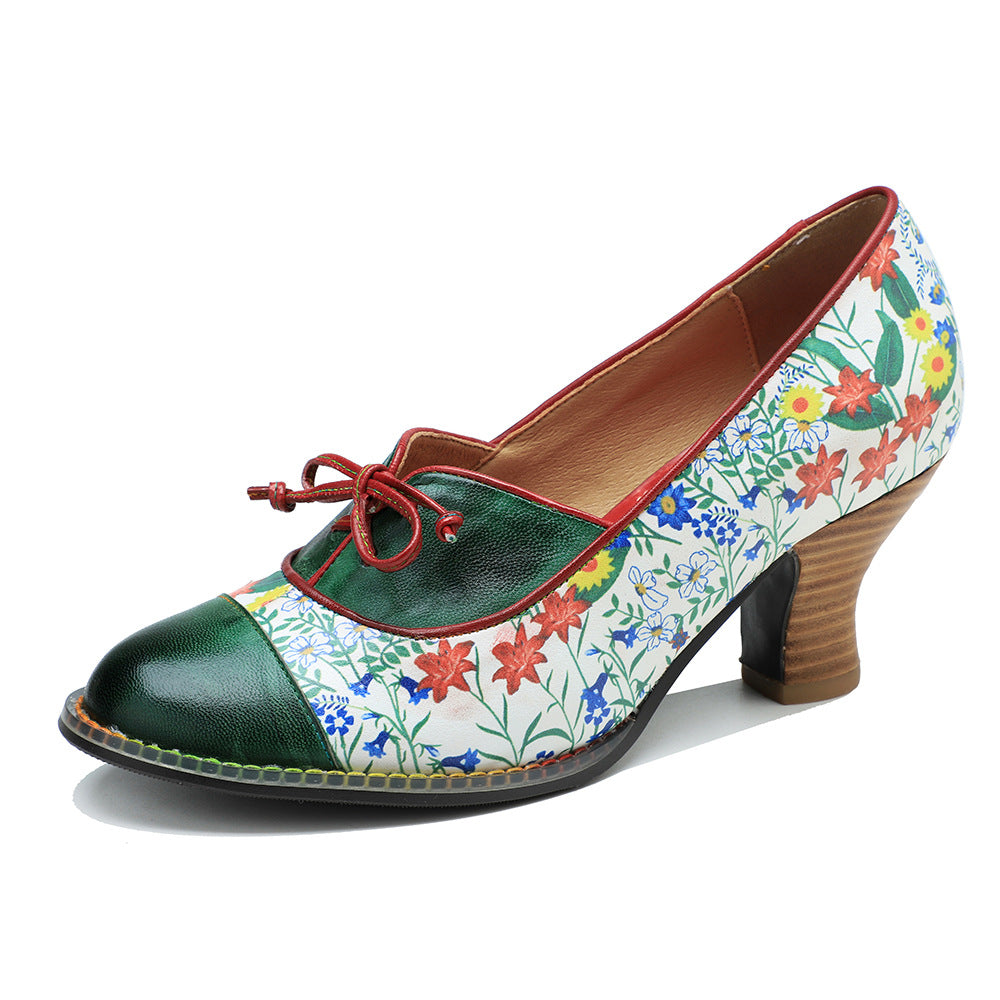 Leather high heels with lace up design & vintage patchwork pumps shoes