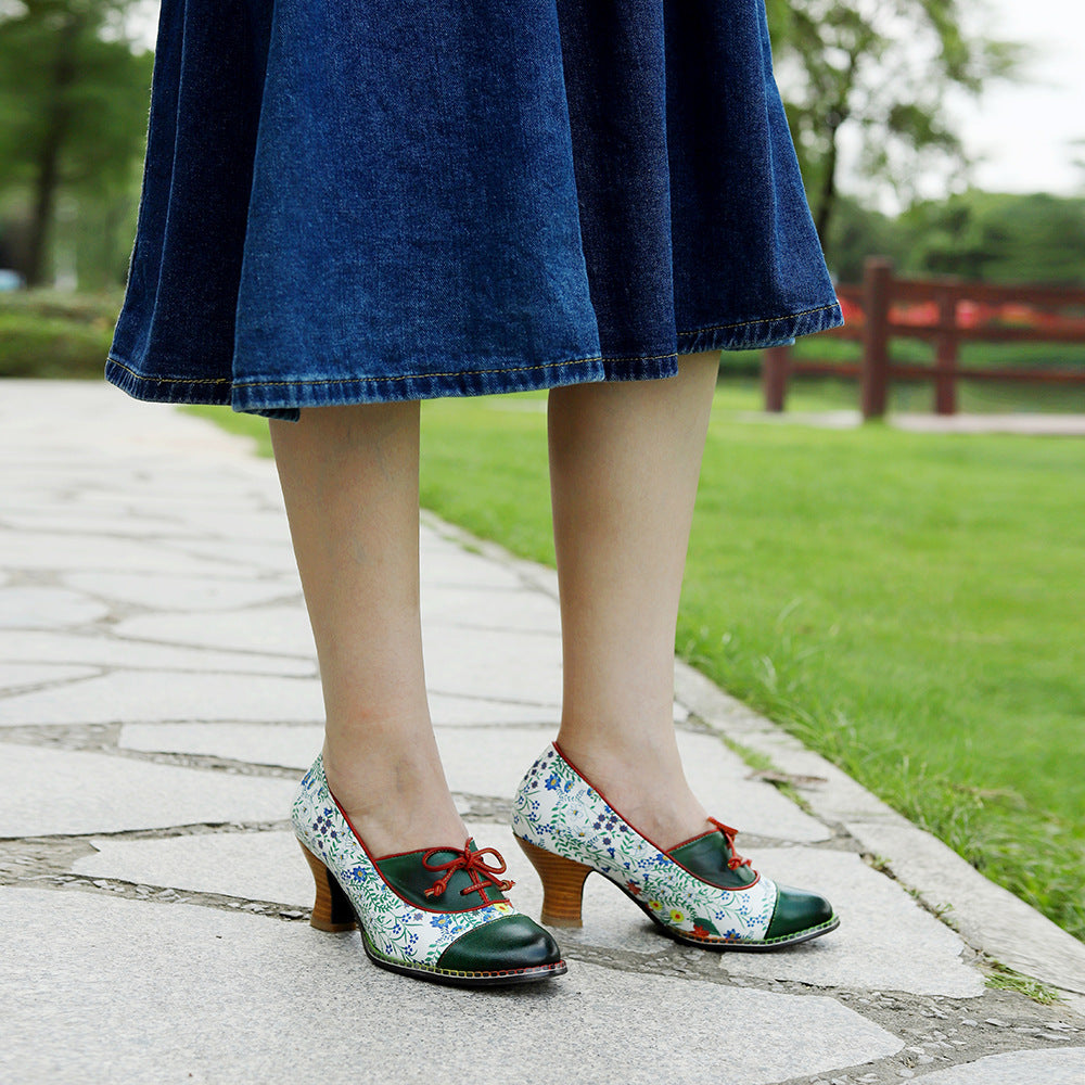 Leather high heels with lace up design & vintage patchwork pumps shoes