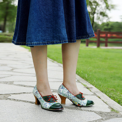 Leather high heels with lace up design & vintage patchwork pumps shoes