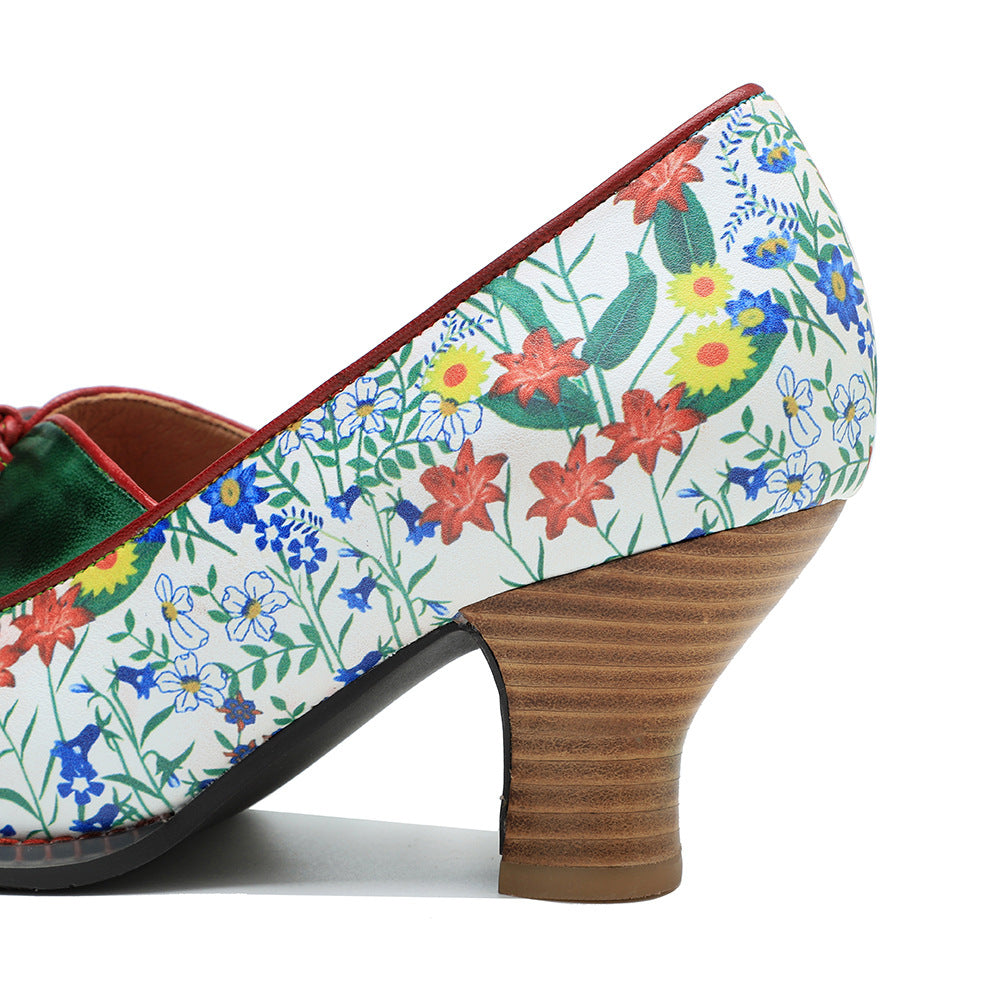 Leather high heels with lace up design & vintage patchwork pumps shoes