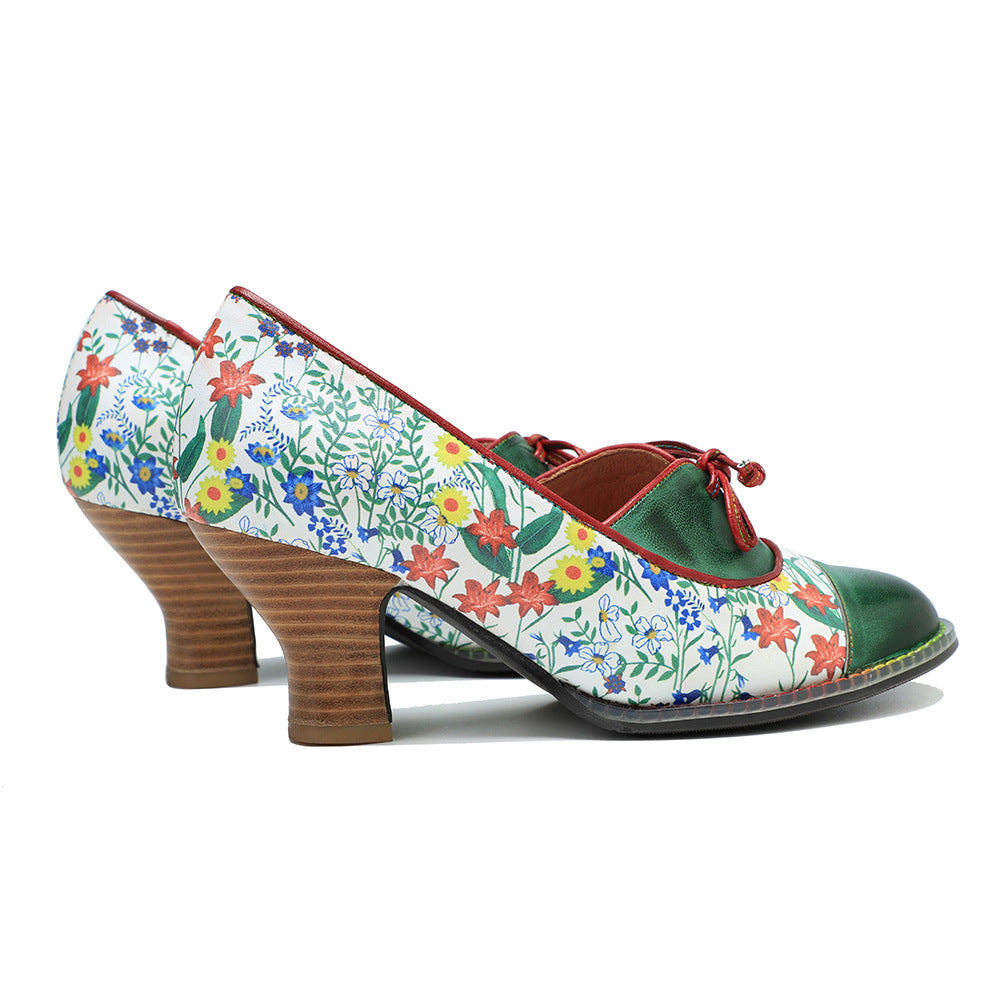 Leather high heels with lace up design & vintage patchwork pumps shoes