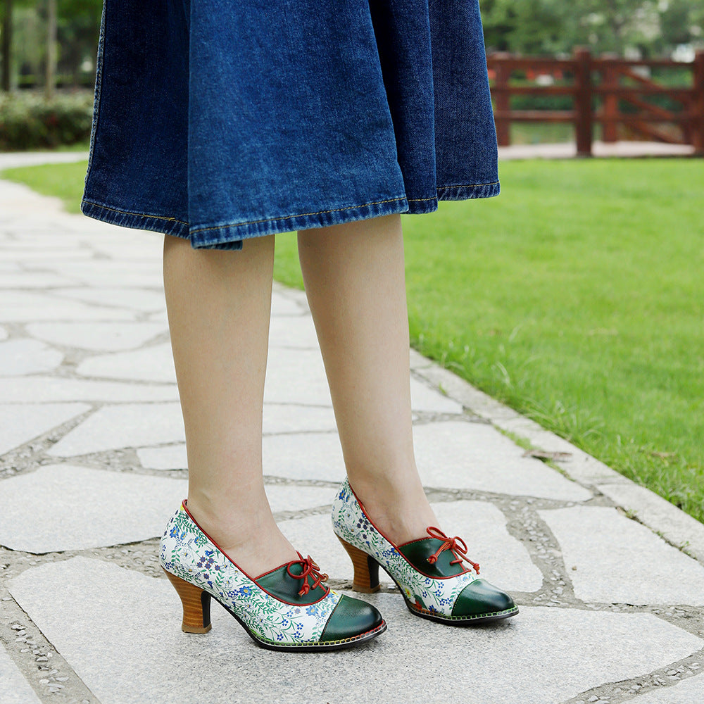 Leather high heels with lace up design & vintage patchwork pumps shoes