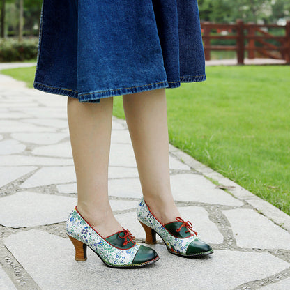 Leather high heels with lace up design & vintage patchwork pumps shoes