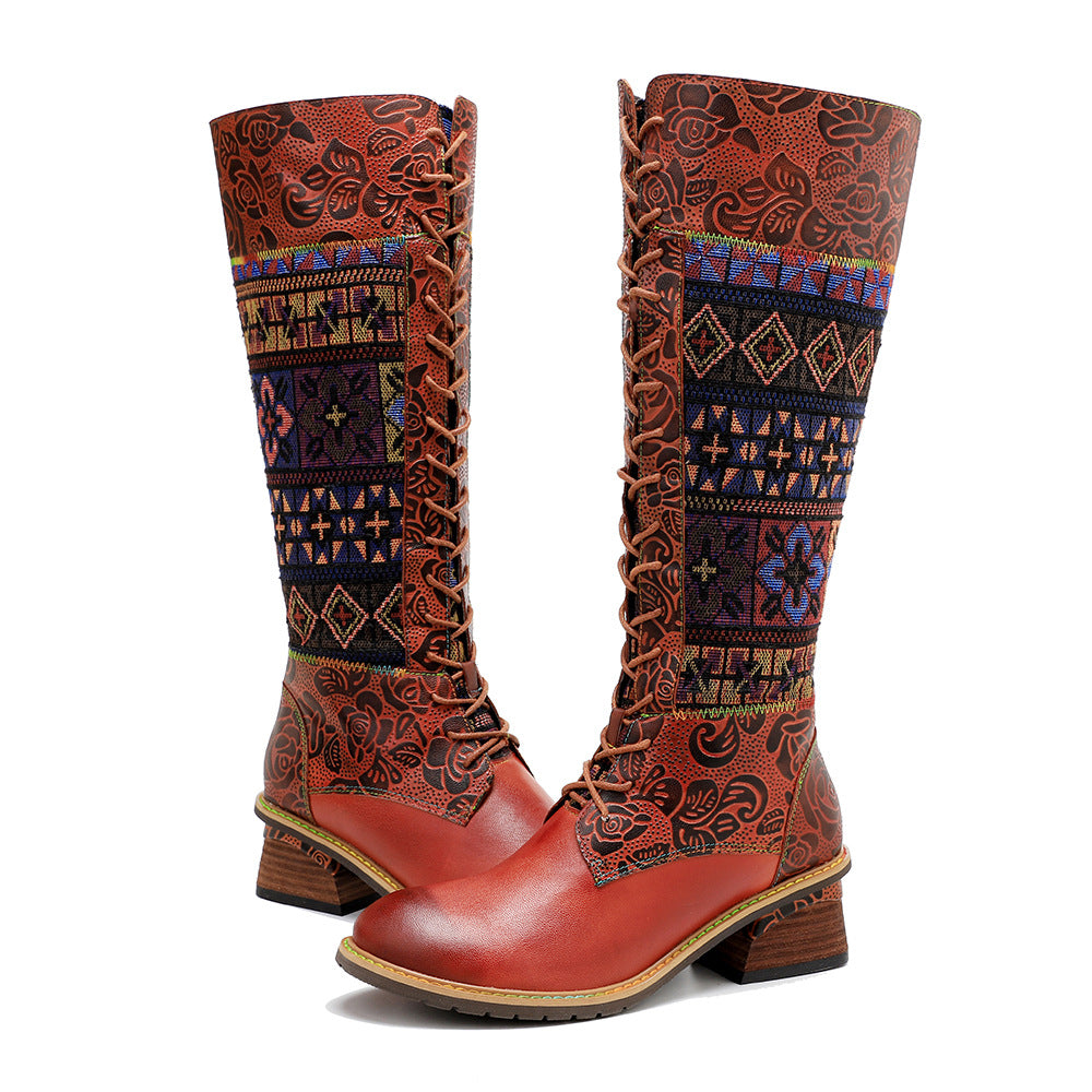 Knee high women's patchwork suede boots & lace up leather cowboy boots