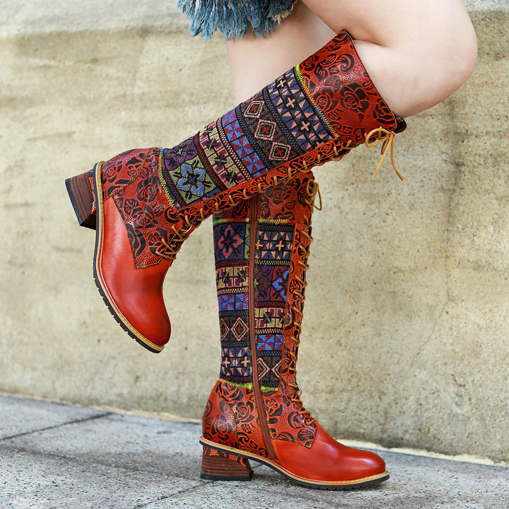 Knee high women's patchwork suede boots & lace up leather cowboy boots