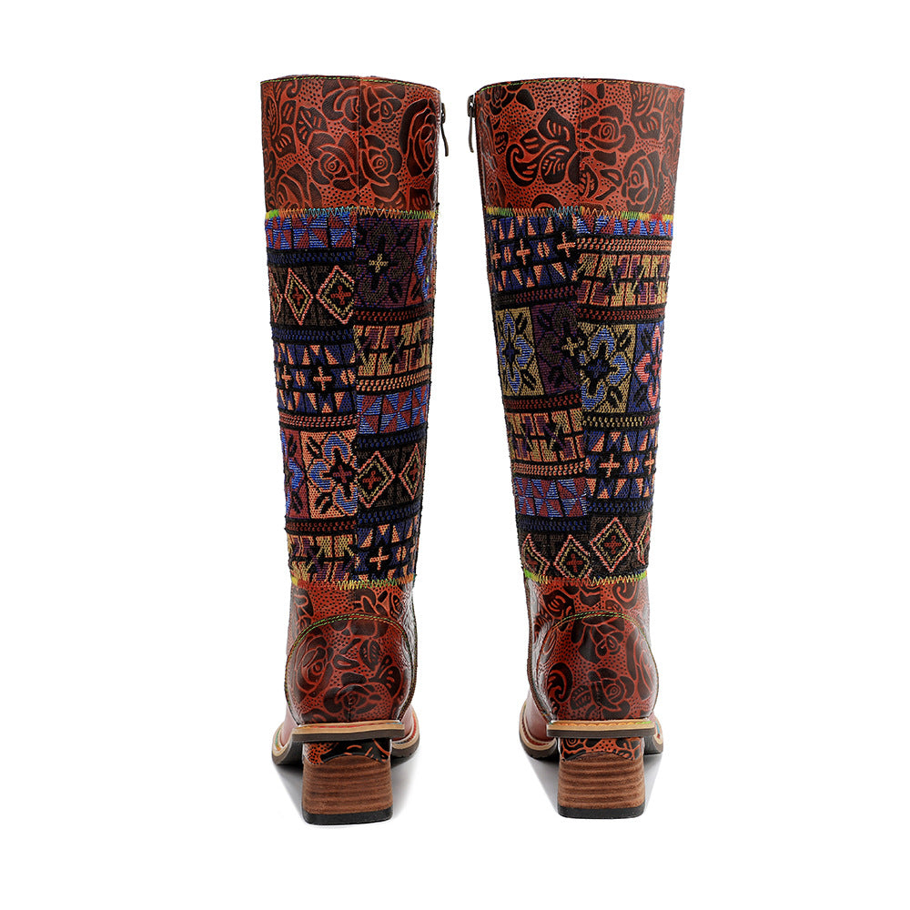 Knee high women's patchwork suede boots & lace up leather cowboy boots