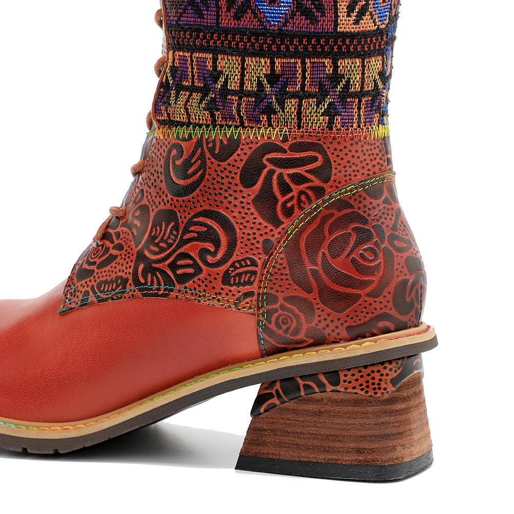Knee high women's patchwork suede boots & lace up leather cowboy boots