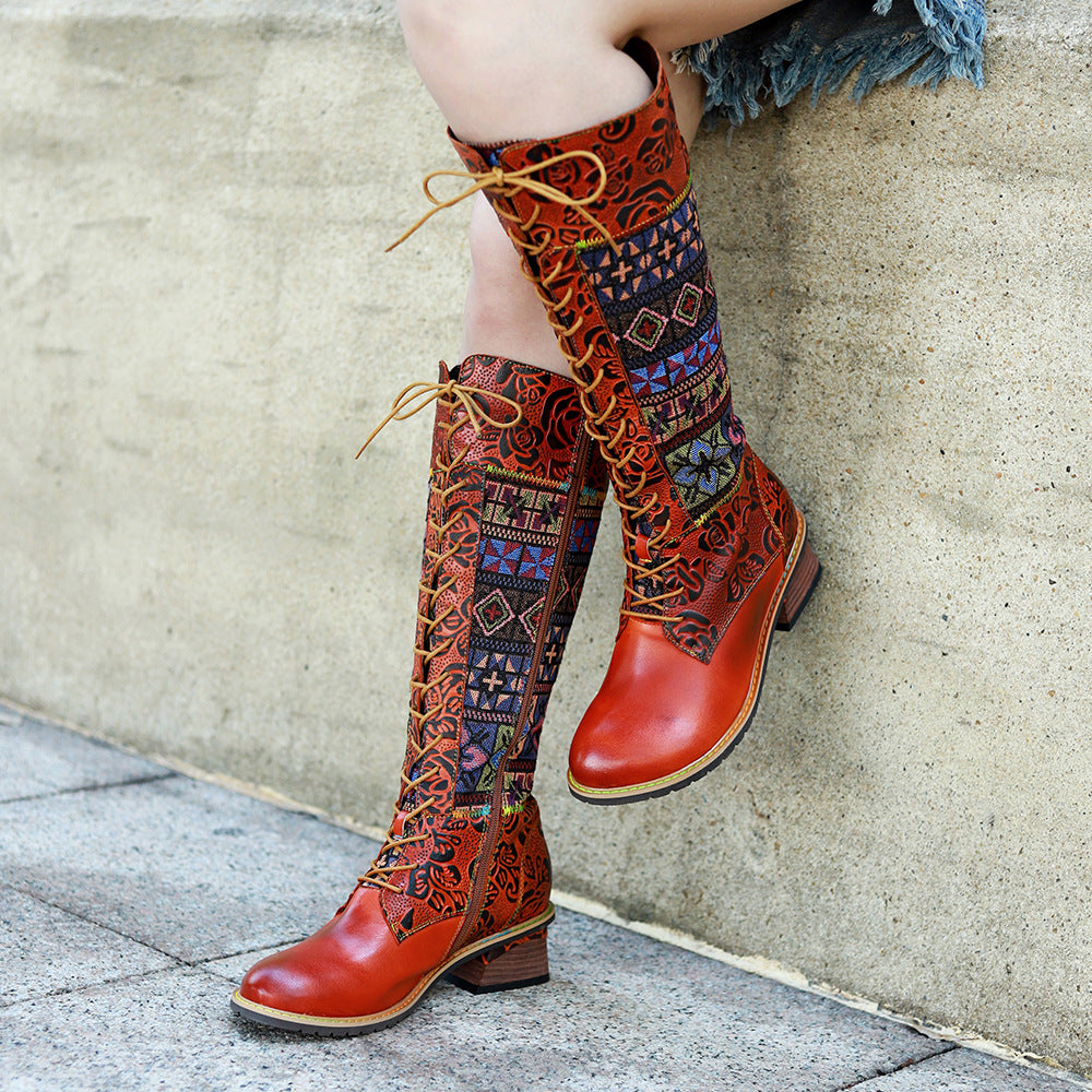 Knee high women's patchwork suede boots & lace up leather cowboy boots