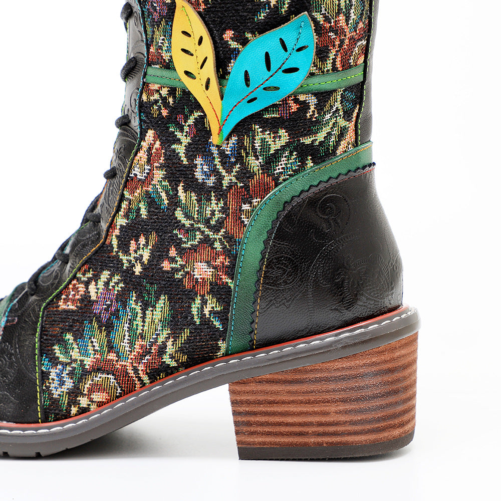 Floral women's leather boots & knee high stunning boots with lace and zipper