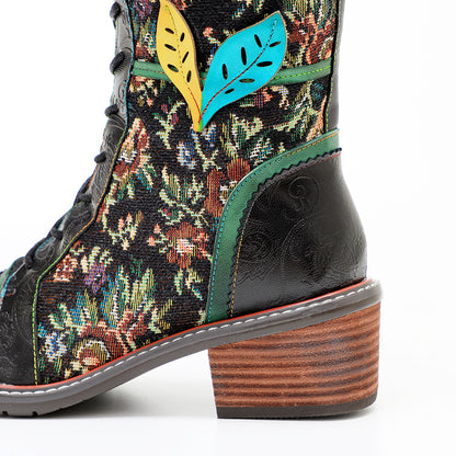 Floral women's leather boots & knee high stunning boots with lace and zipper