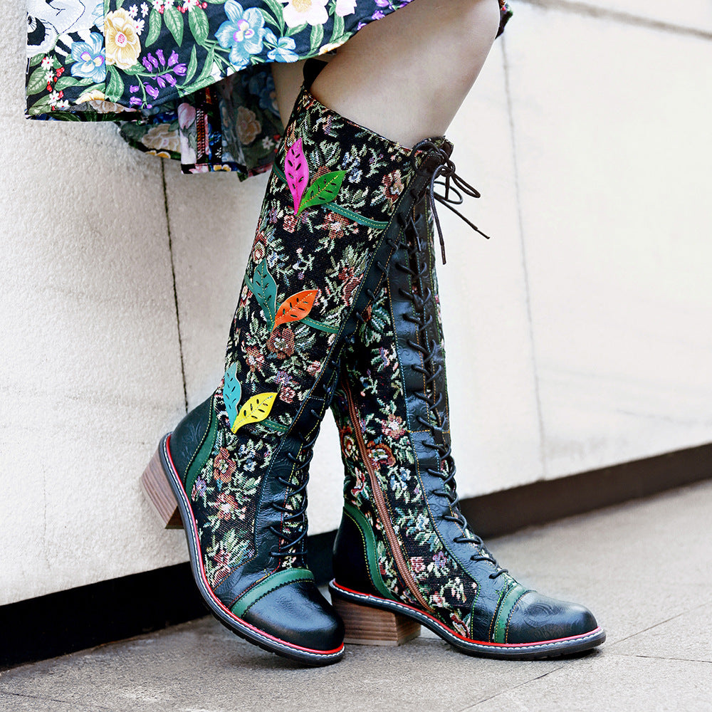 Floral women's leather boots & knee high stunning boots with lace and zipper