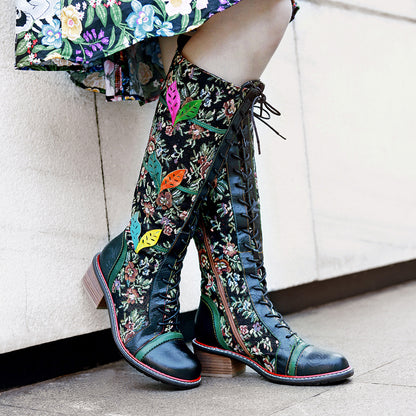 Floral women's leather boots & knee high stunning boots with lace and zipper