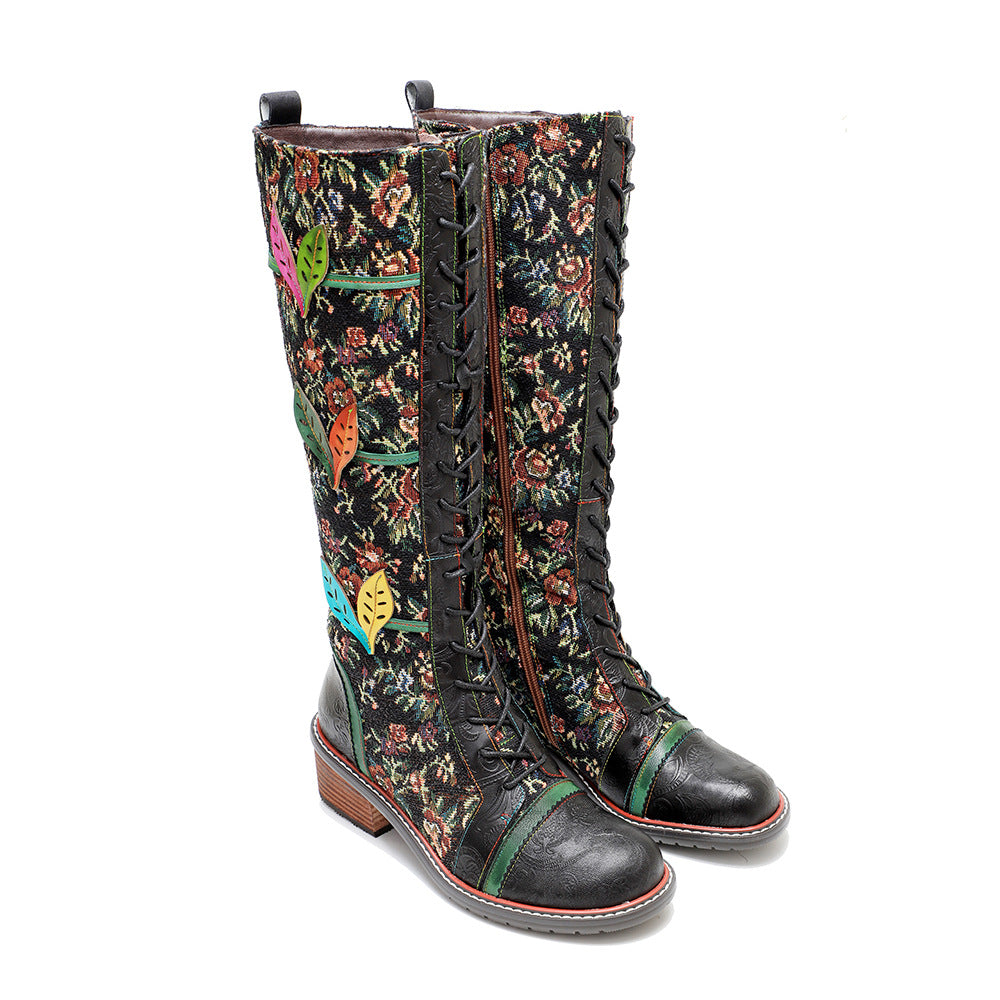 Floral women's leather boots & knee high stunning boots with lace and zipper