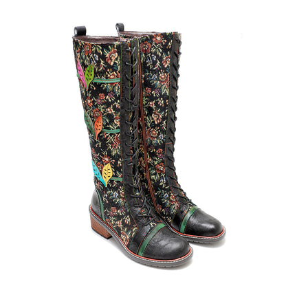 Floral women's leather boots & knee high stunning boots with lace and zipper