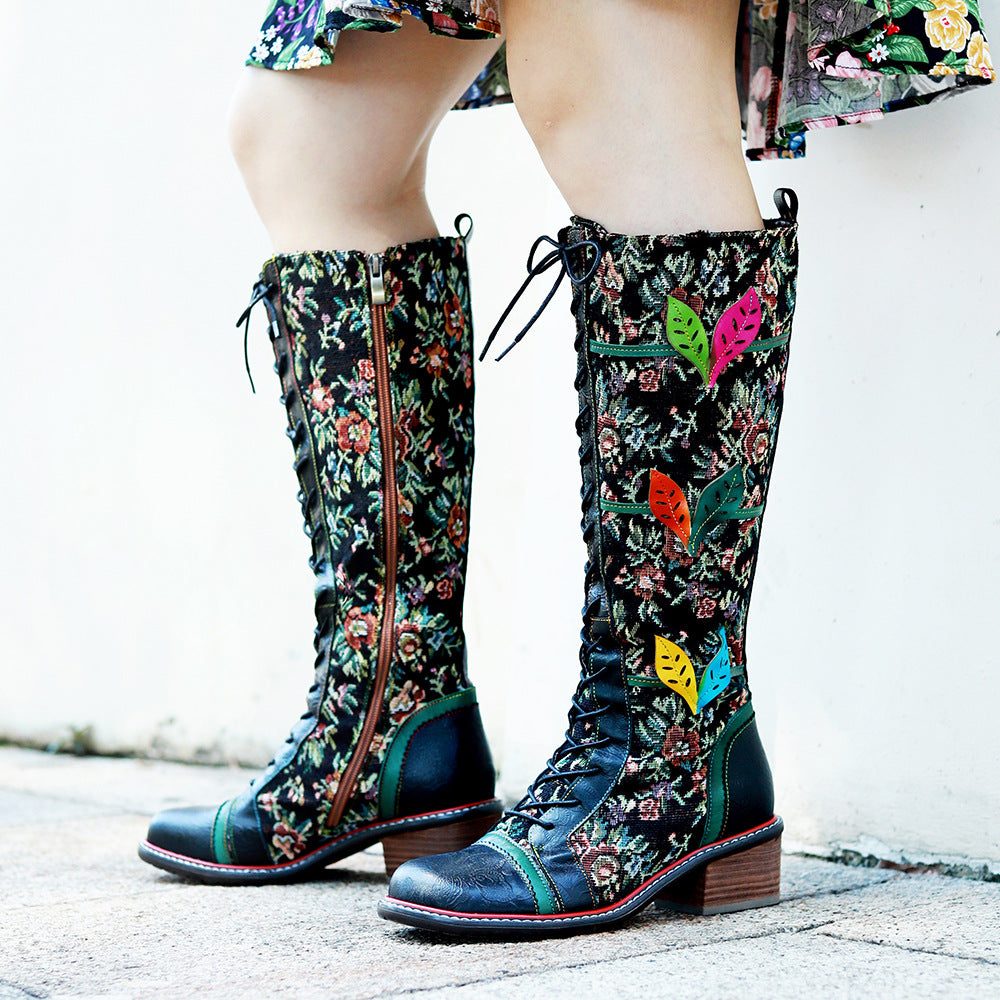 Floral women's leather boots & knee high stunning boots with lace and zipper