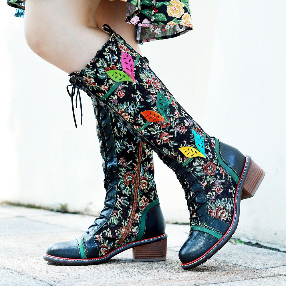 Floral women's leather boots & knee high stunning boots with lace and zipper