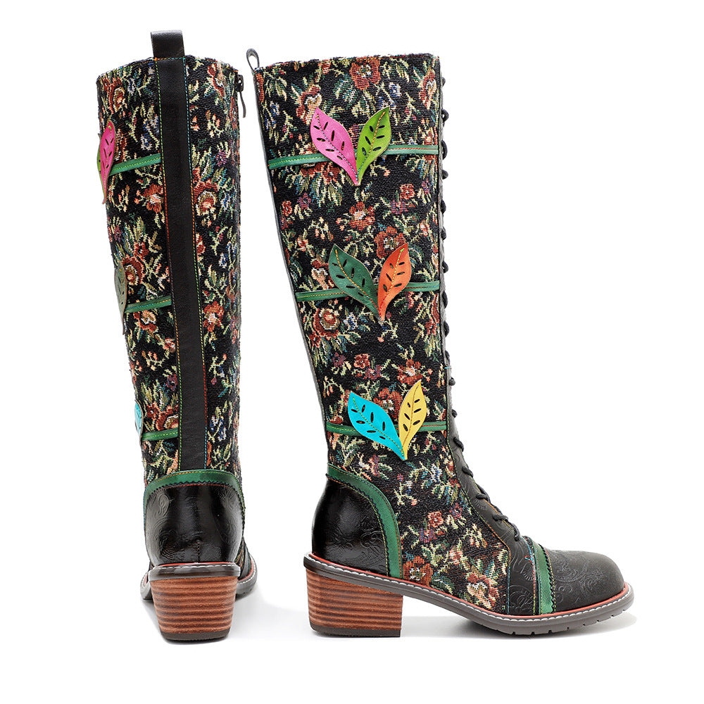 Floral women's leather boots & knee high stunning boots with lace and zipper