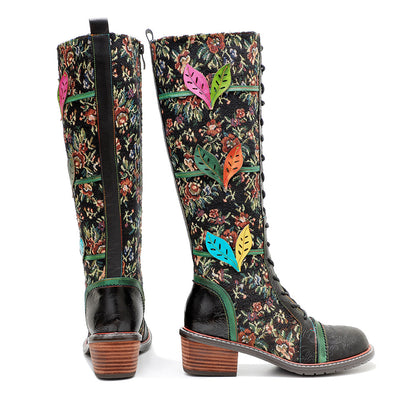 Floral women's leather boots & knee high stunning boots with lace and zipper