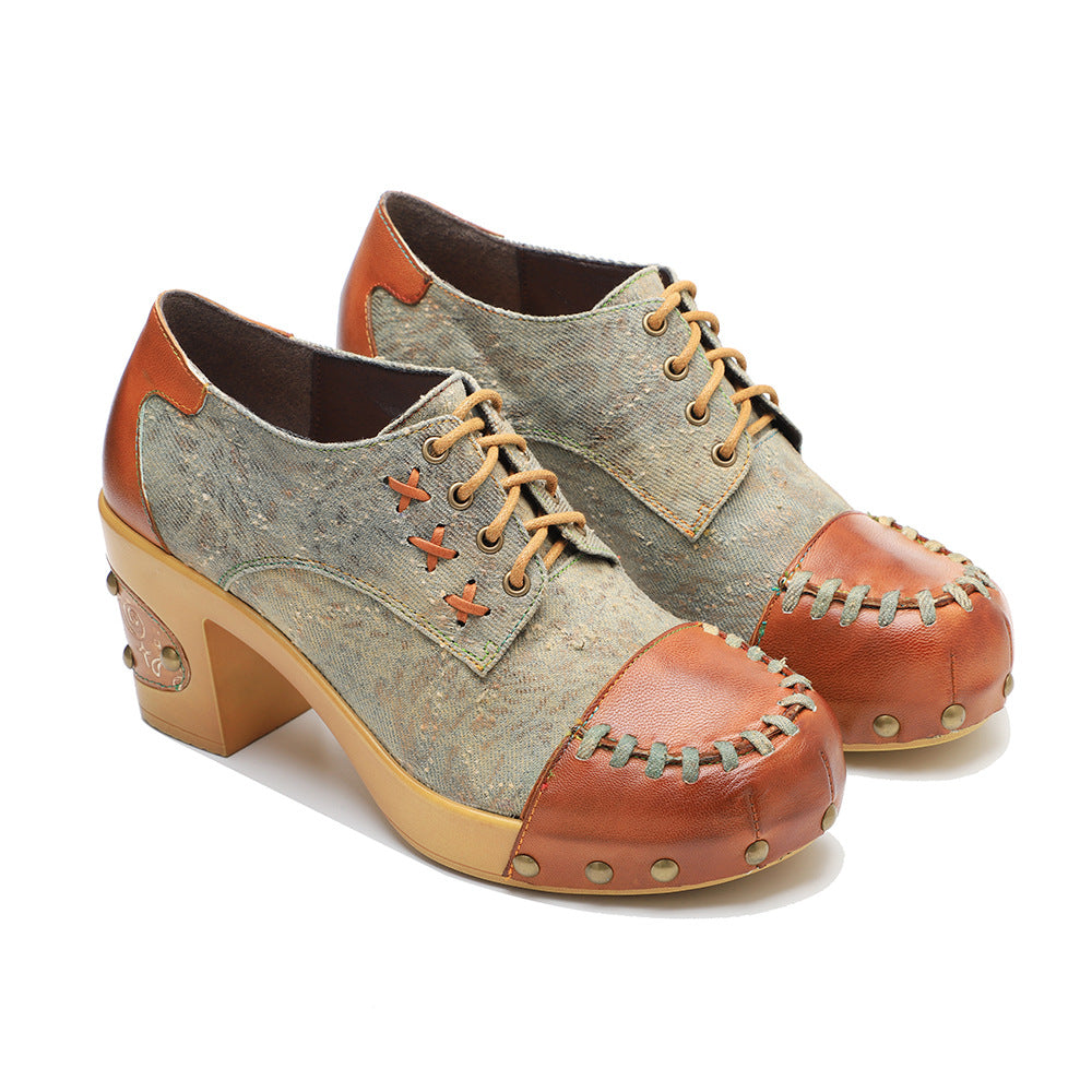 Patchwork women's comfortable block heel pumps shoes with rivets design