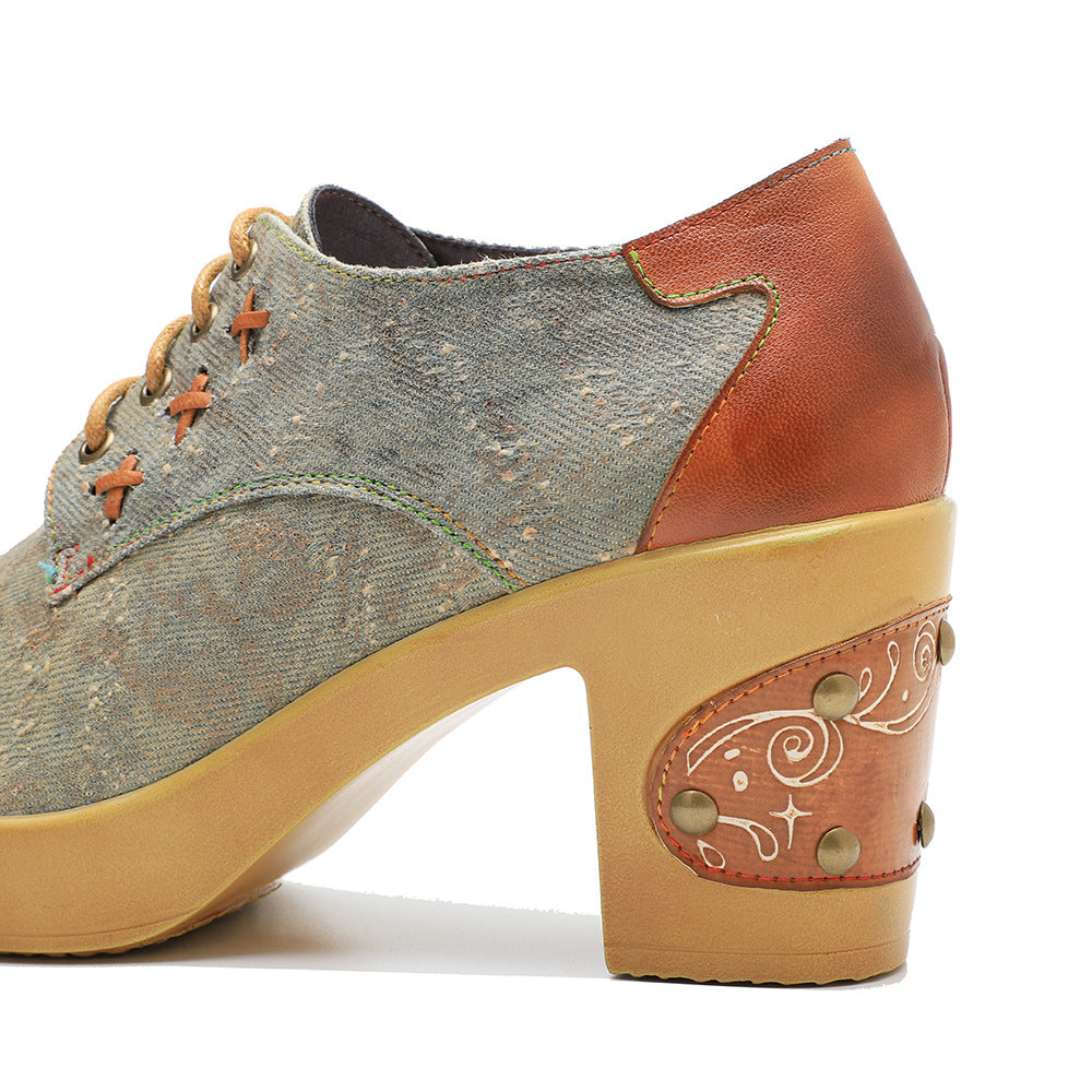 Patchwork women's comfortable block heel pumps shoes with rivets design