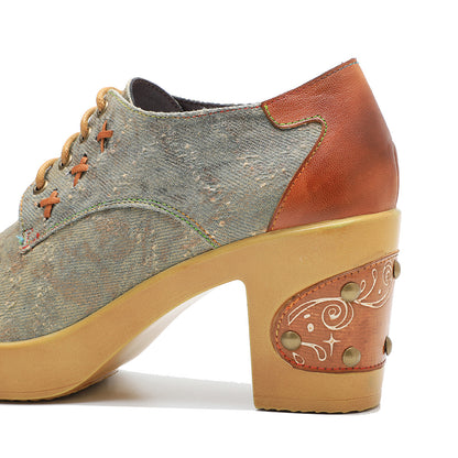 Patchwork women's comfortable block heel pumps shoes with rivets design