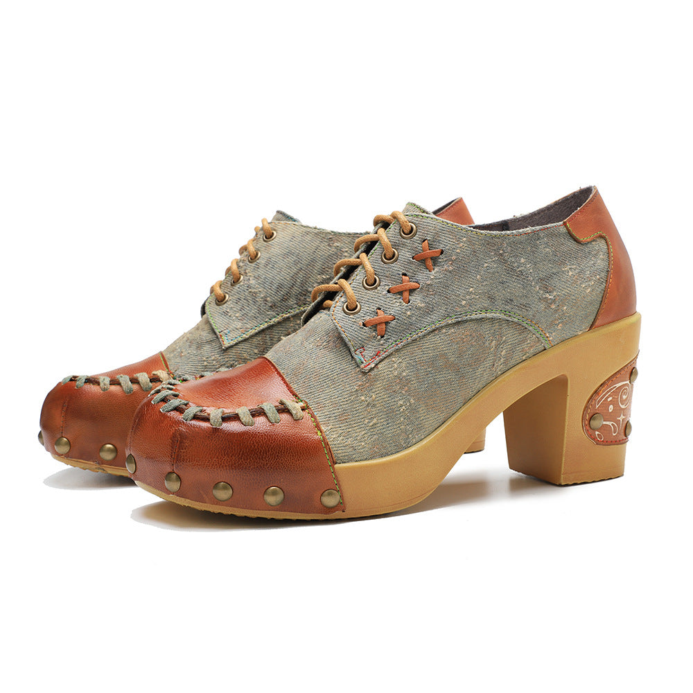 Patchwork women's comfortable block heel pumps shoes with rivets design