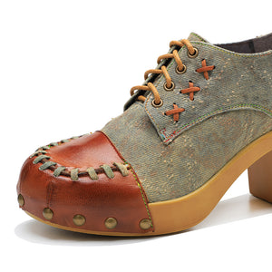 Patchwork women's comfortable block heel pumps shoes with rivets design