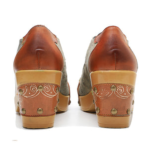 Patchwork women's comfortable block heel pumps shoes with rivets design