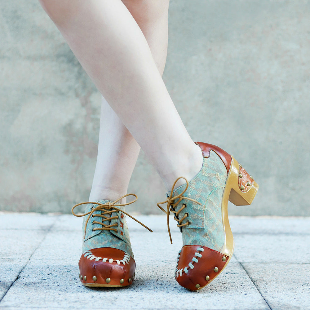 Patchwork women's comfortable block heel pumps shoes with rivets design