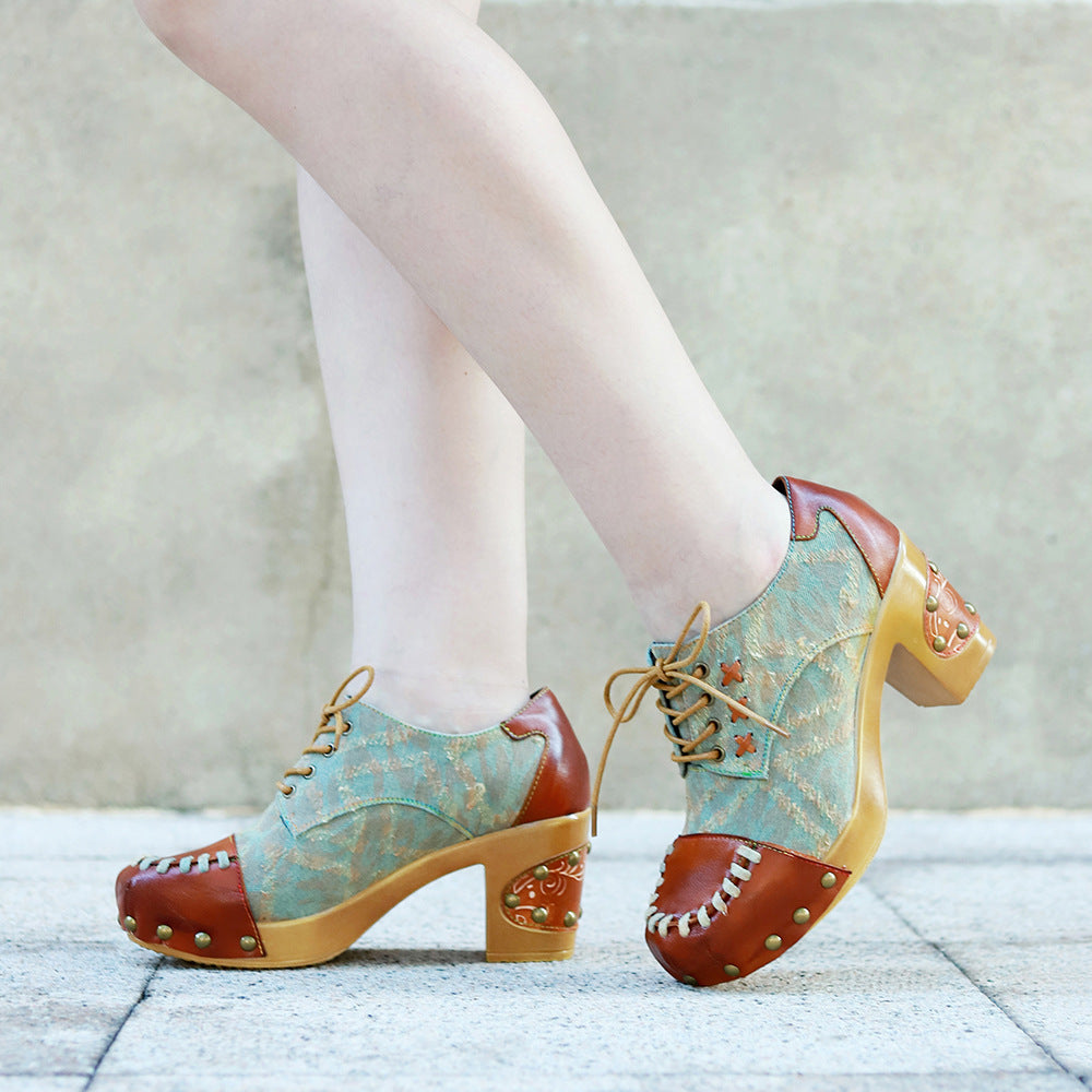 Patchwork women's comfortable block heel pumps shoes with rivets design
