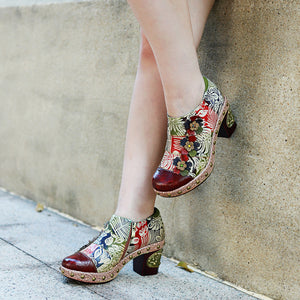 Floral women's rivet block heel colorful ballet leather pumps & shoes