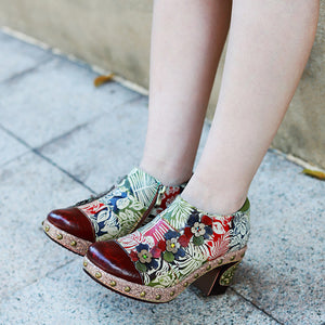 Floral women's rivet block heel colorful ballet leather pumps & shoes
