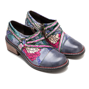 Blue & pink floral block heels & printed block bridal leather shoes