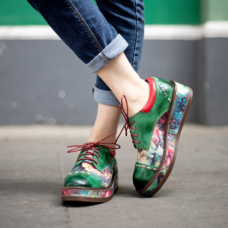 Vintage leather green elevator chunky lace up flatform loafers for women