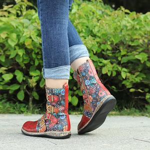Vintage anti slip red floral leather buckle flat casual painted cowboy boots